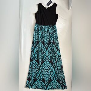 NWT Sleeveless Black & Teal Patterned Maxi Dress (has pockets!)